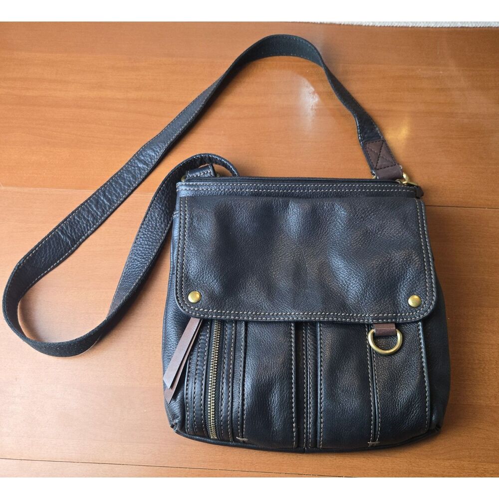 Fossil Morgan Traveler Black Leather Flap Messenger Crossbody Bag Multi Pocket